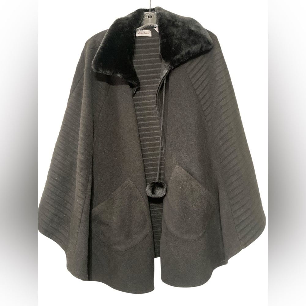Black Textured Knit Cape with High Collar